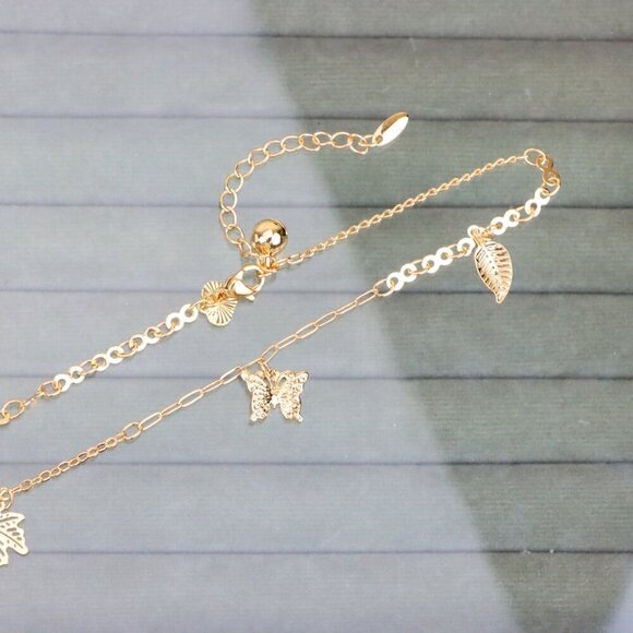 "Rose Gold Anklet with Butterfly & Leaf Charms, XPAL1169 - Picture 8 of 12